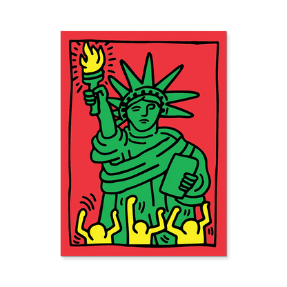 Colorful illustration of the Statue of Liberty on a red background
