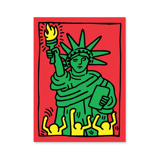 Colorful illustration of the Statue of Liberty on a red background