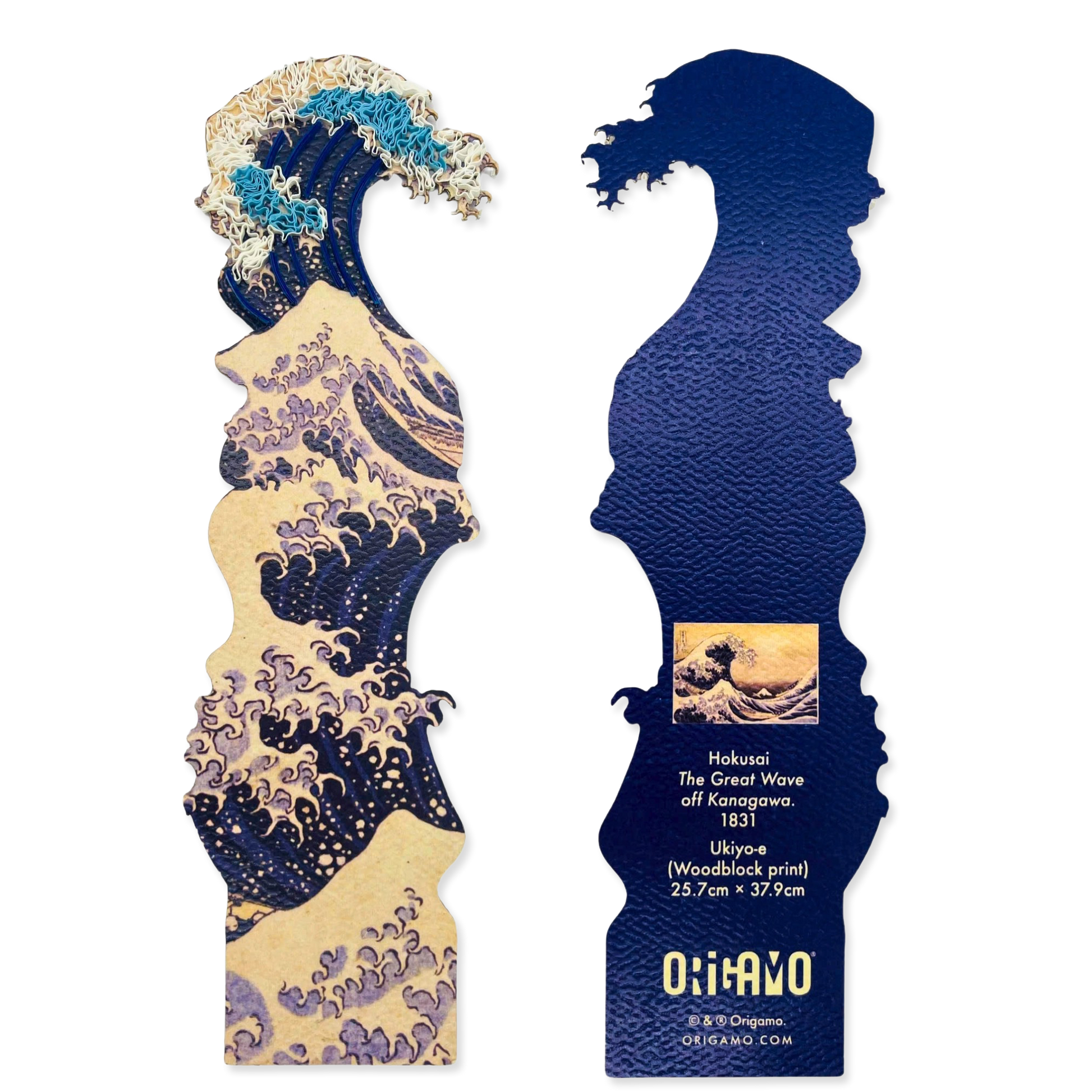 Decorative bookmark with wave design and 'Origamo' branding on a white background