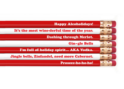 Set of red & white pencils with humorous holiday sayings on a white background