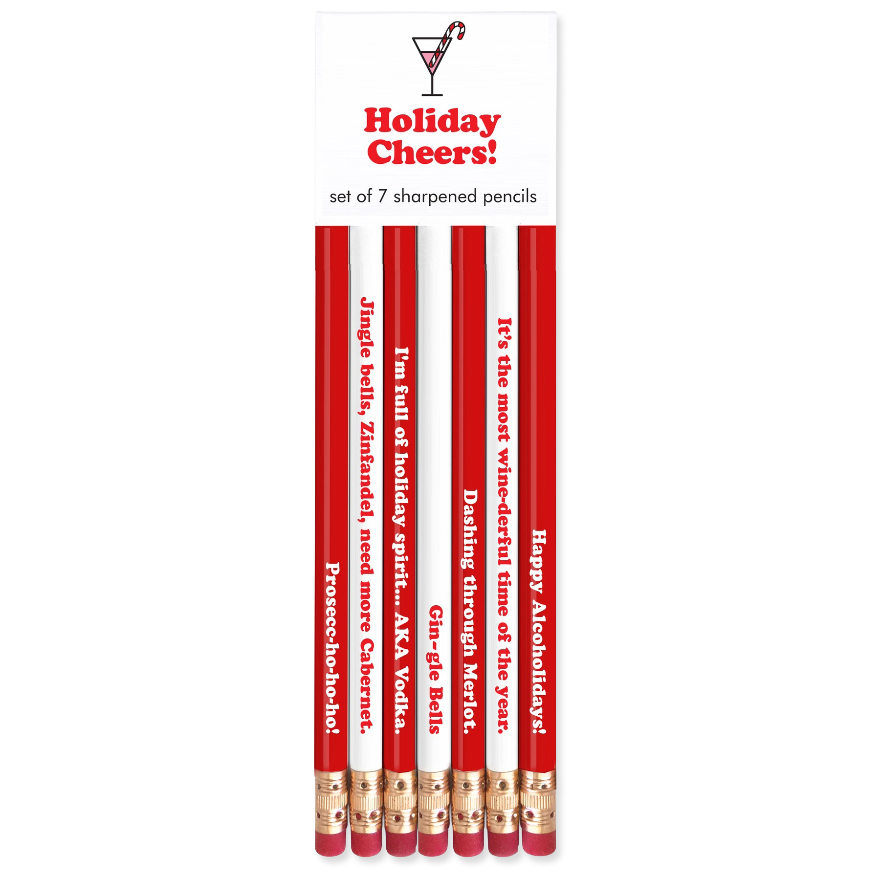 Set of 7 sharpened pencils with humorous sayings in a packaging labeled 'Holiday Cheers'.