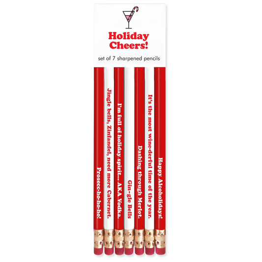 Set of 7 sharpened pencils with humorous sayings in a packaging labeled 'Holiday Cheers'.