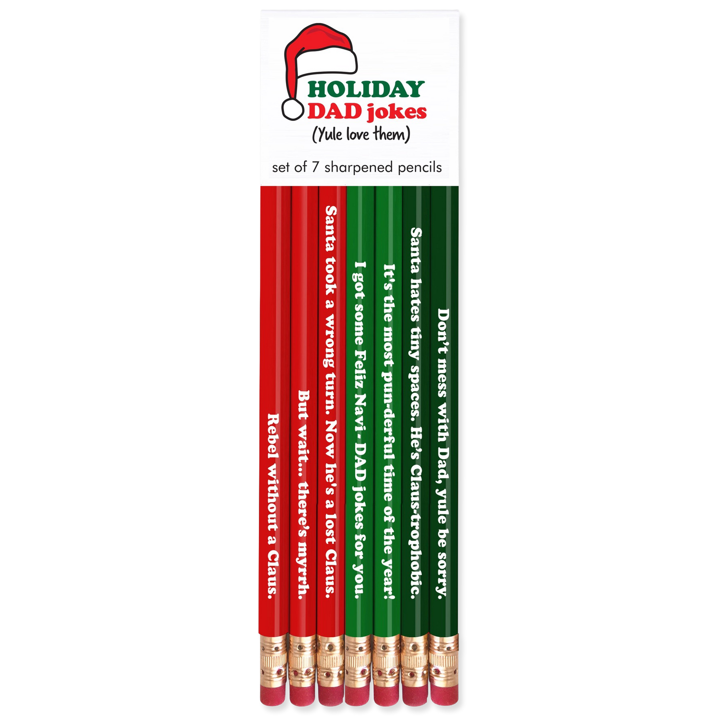 Set of 7 sharpened pencils with humorous text in a packaging labeled 'Holiday Dad Jokes'.
