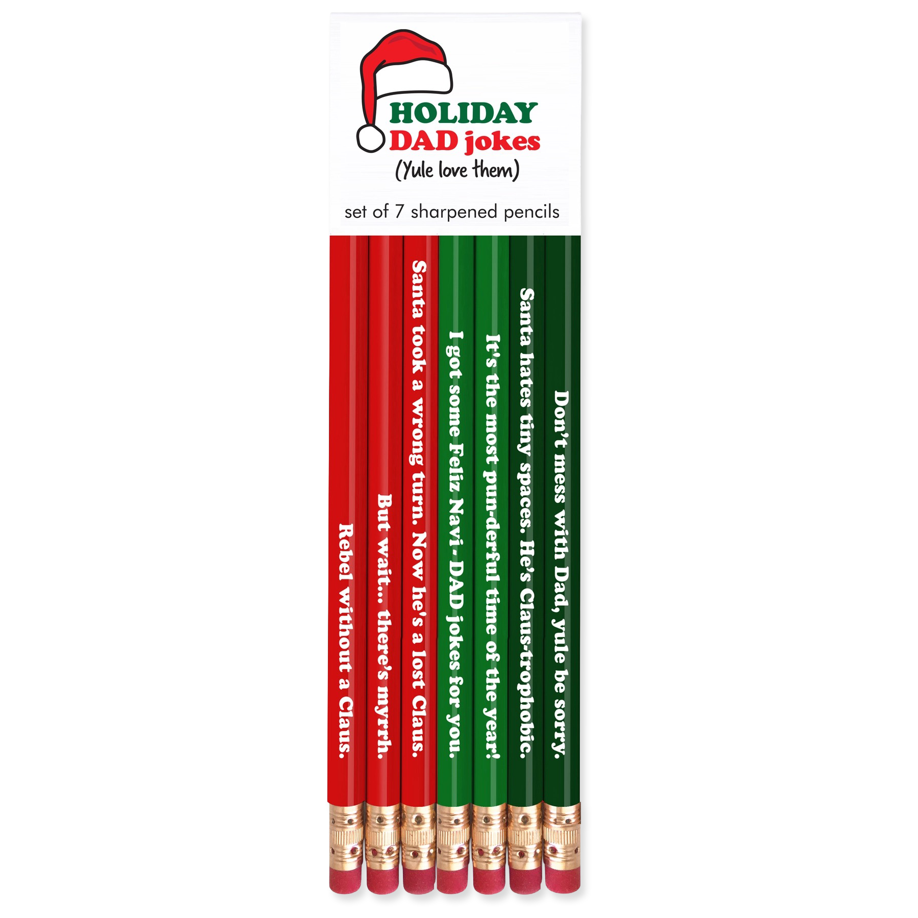 Set of 7 sharpened pencils with humorous text in a packaging labeled 'Holiday Dad Jokes'.