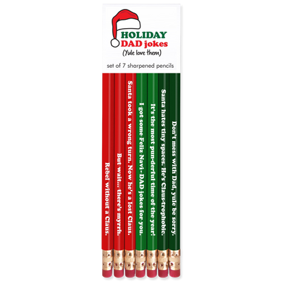 Set of 7 sharpened pencils with humorous text in a packaging labeled 'Holiday Dad Jokes'.