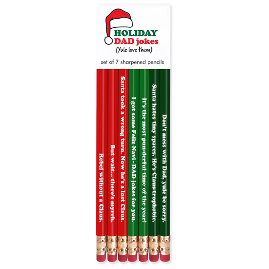 Set of 7 sharpened pencils with humorous text in a packaging labeled 'Holiday Dad Jokes'.