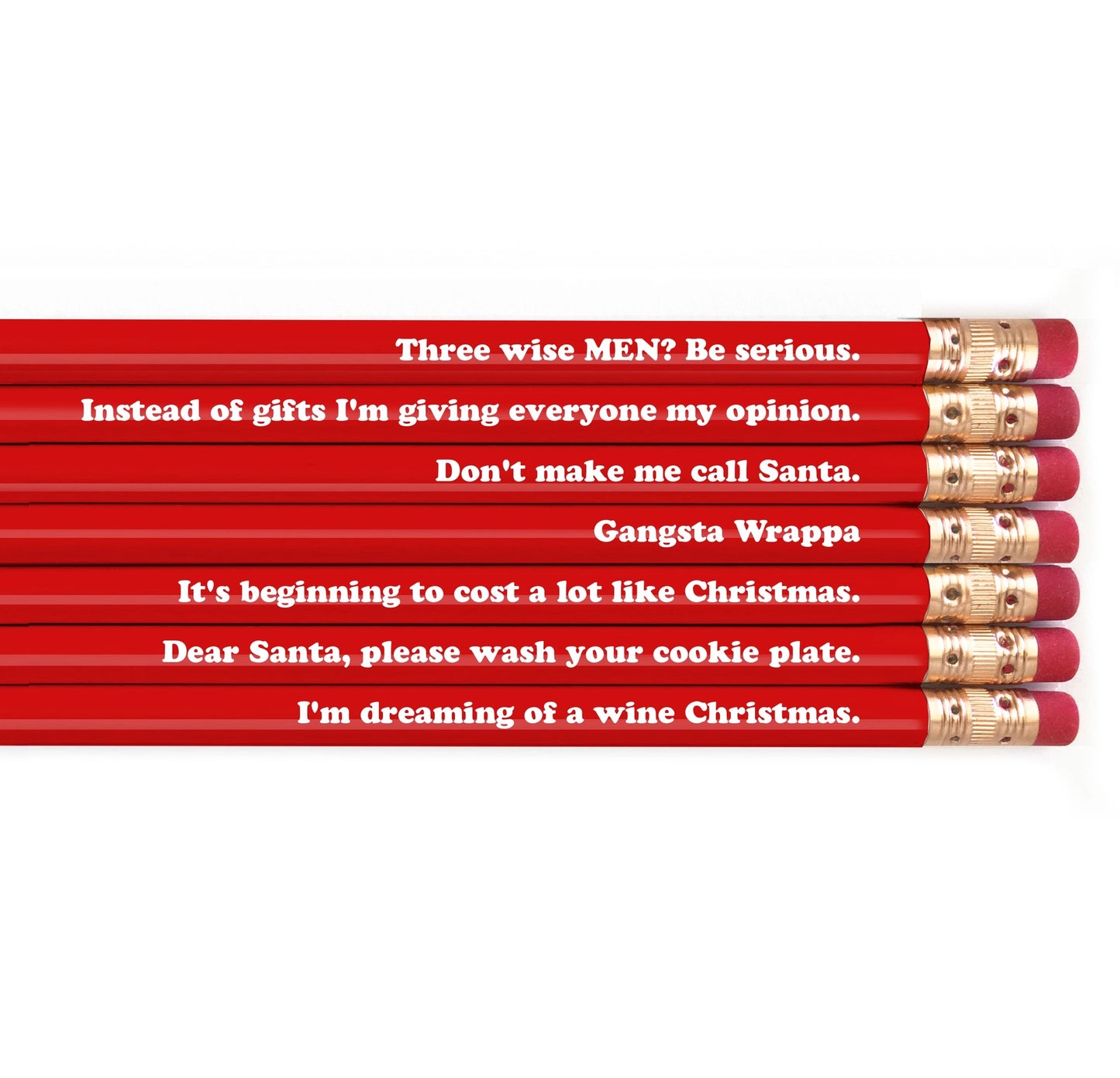 Red pencils with humorous text on a white background