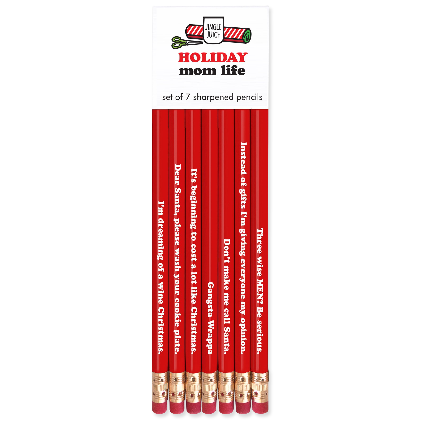 Set of red sharpened pencils with humorous text on a white background, branded 'Jingle Jack'.