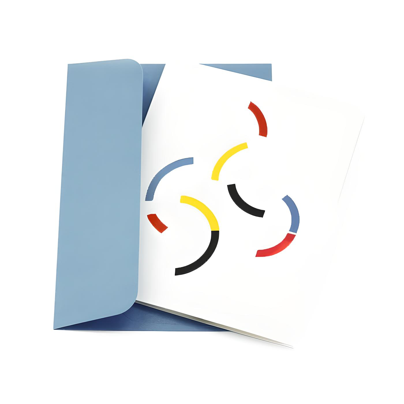Colorful circular design on a white card with a blue envelope.