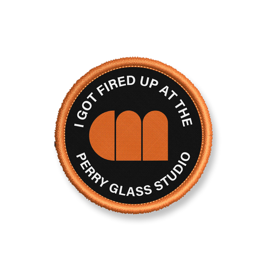 "I Got Fired Up at the Perry Glass Studio" woven achievement badge iron-on patch - Chrysler Museum Shop