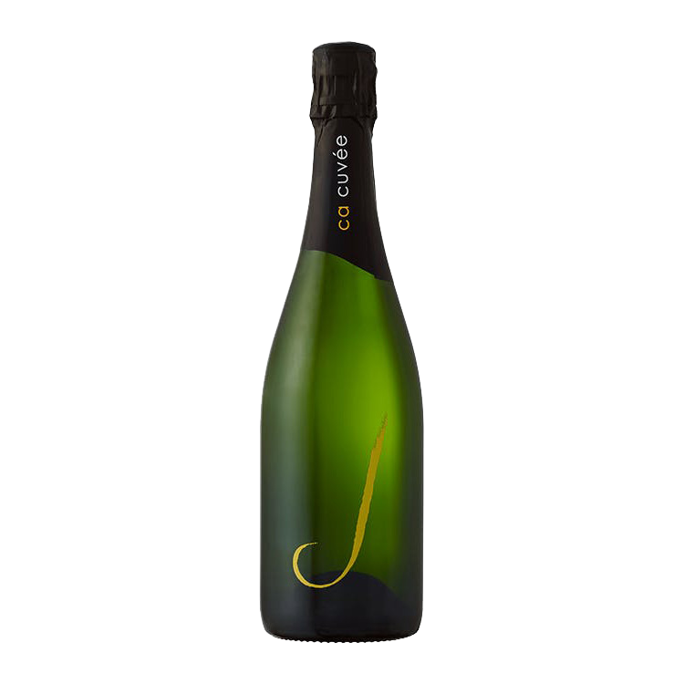Green champagne bottle with black label on a white background