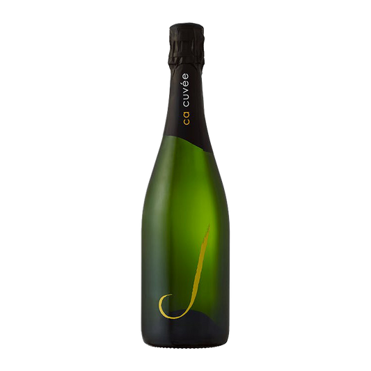 Green champagne bottle with black label on a white background