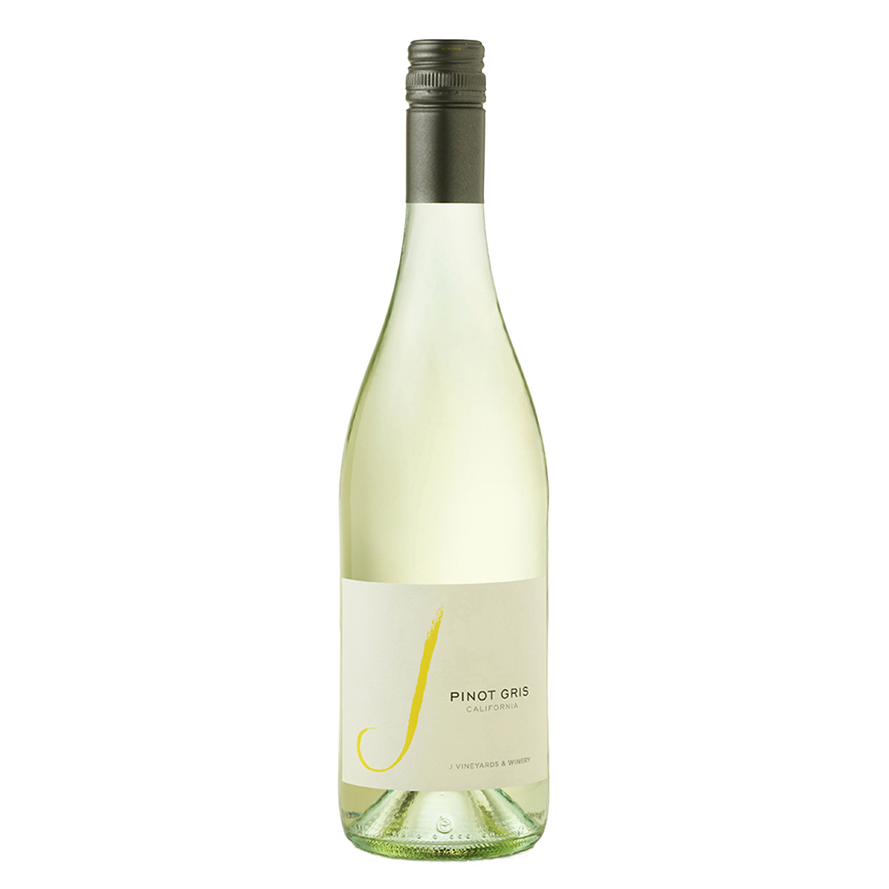 Pinot Gris wine bottle with a white label on a white background