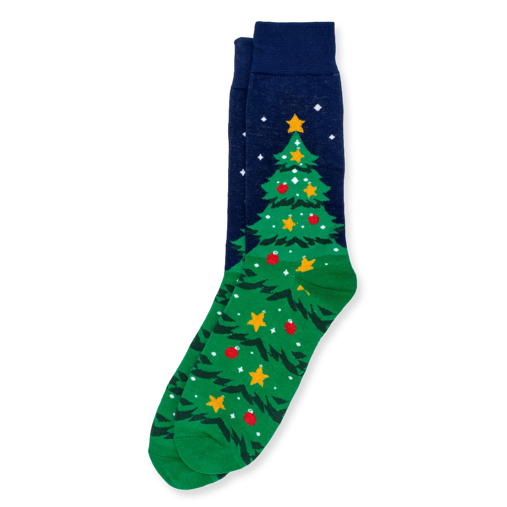 Navy blue sock with a Christmas tree design on a white background