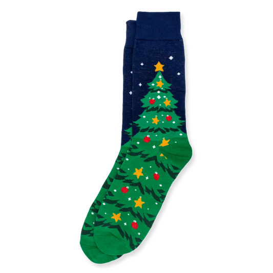 Navy blue sock with a Christmas tree design on a white background