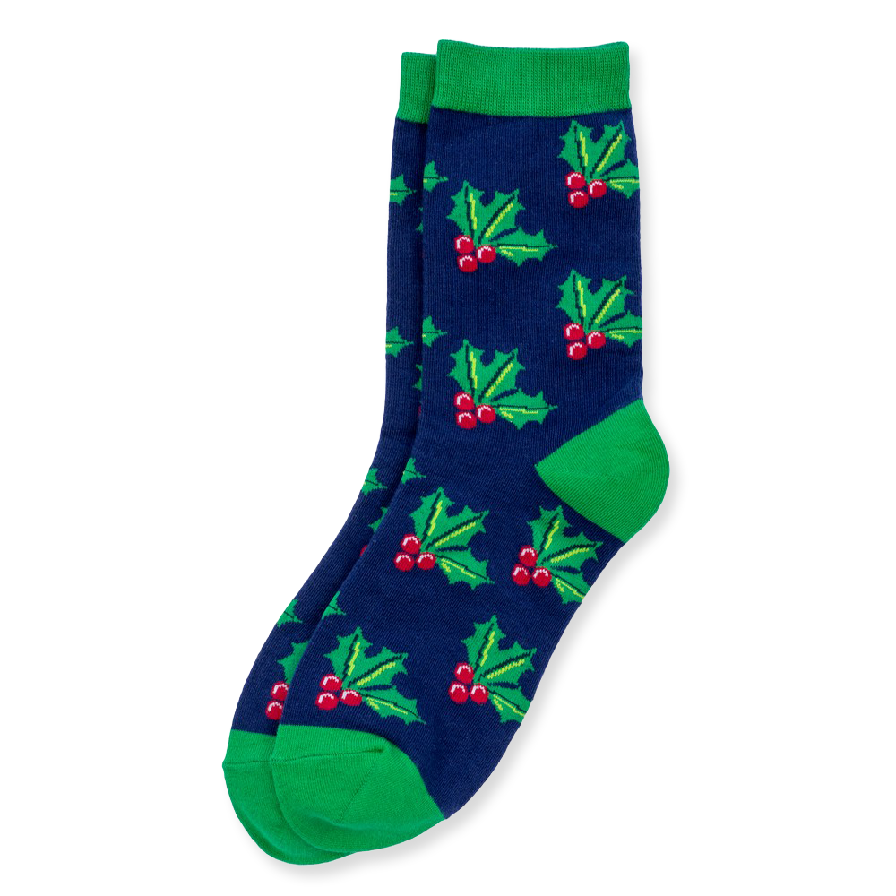 Navy blue sock with green holly leaves and red berries on a white background