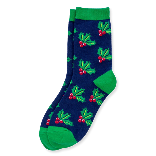 Navy blue sock with green holly leaves and red berries on a white background