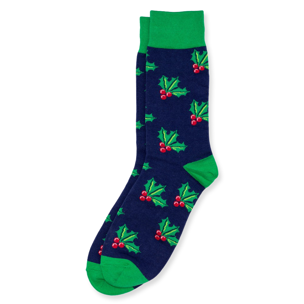 Navy sock with green holly pattern on a white background