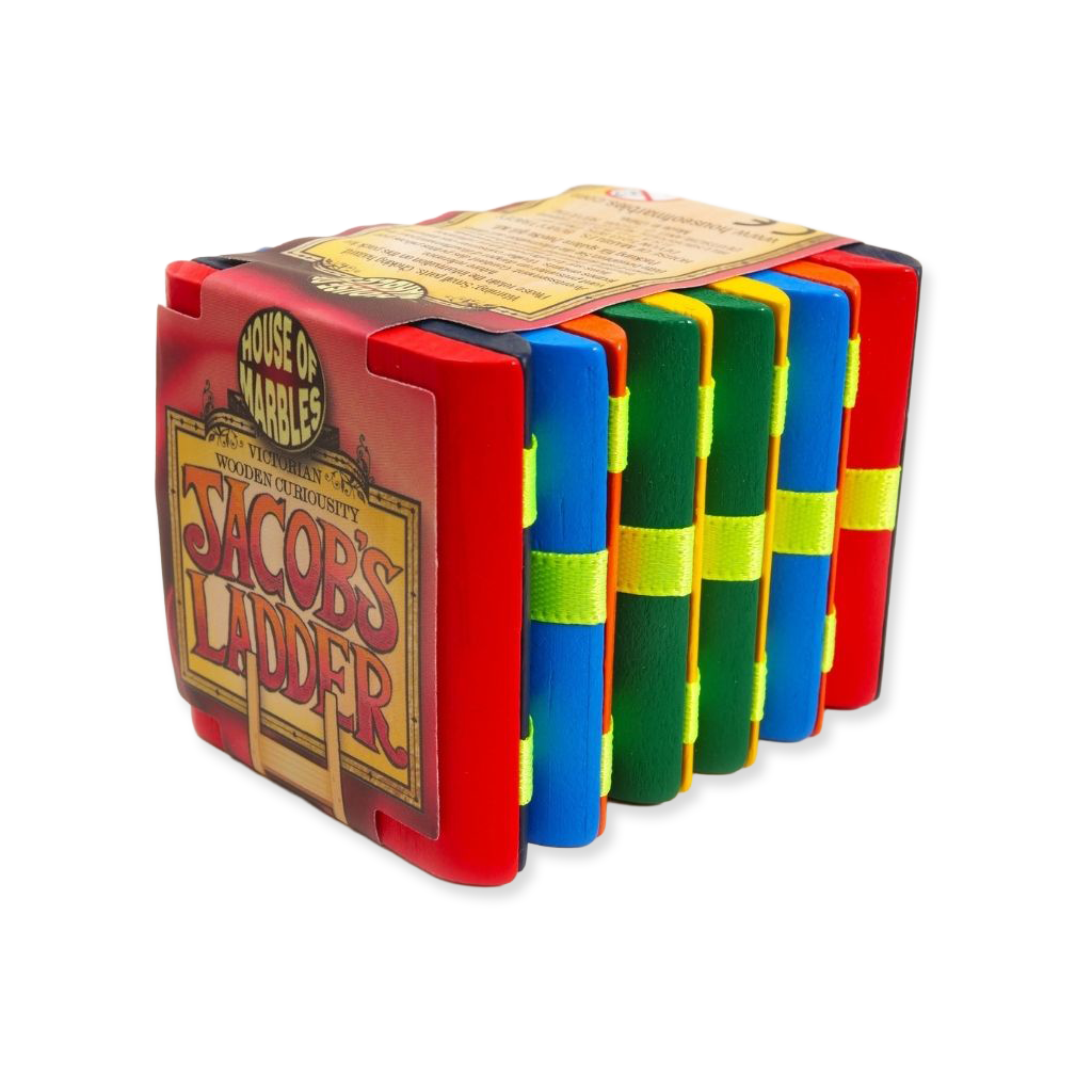 Colorful Jacobs Ladder toy with vintage packaging on a white background