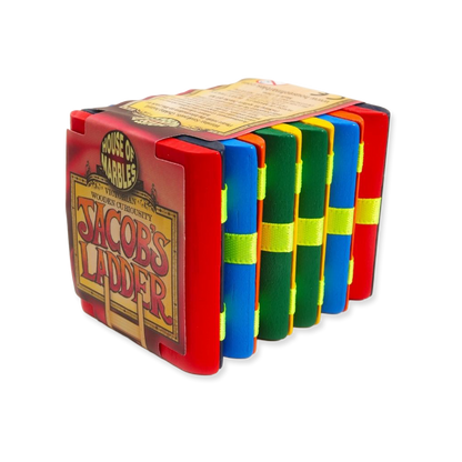 Colorful Jacobs Ladder toy with vintage packaging on a white background