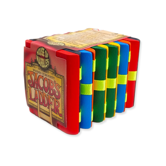 Colorful Jacobs Ladder toy with vintage packaging on a white background