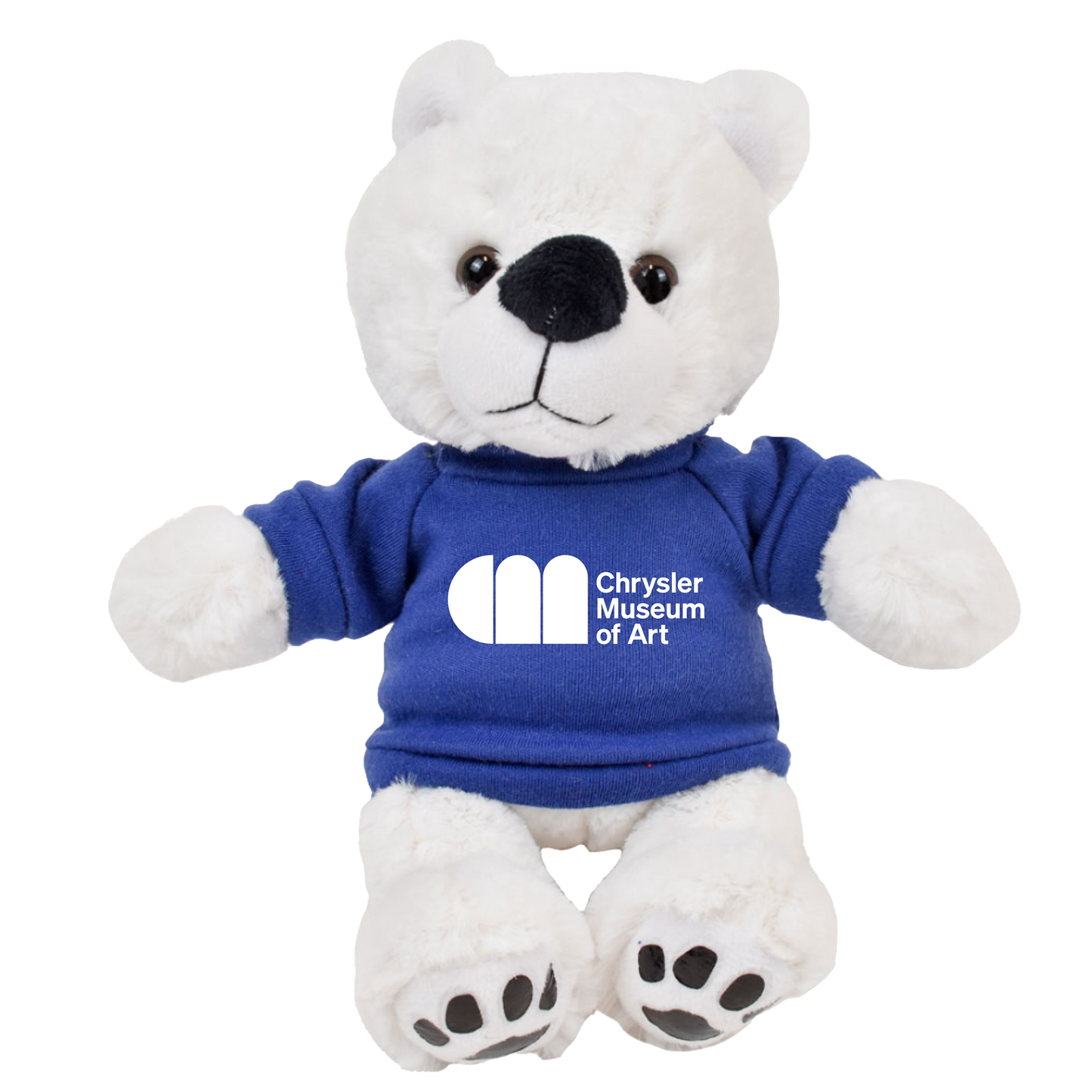 Justin, the white teddy bear wearing a blue Chrysler Museum T-shirt - Chrysler Shop