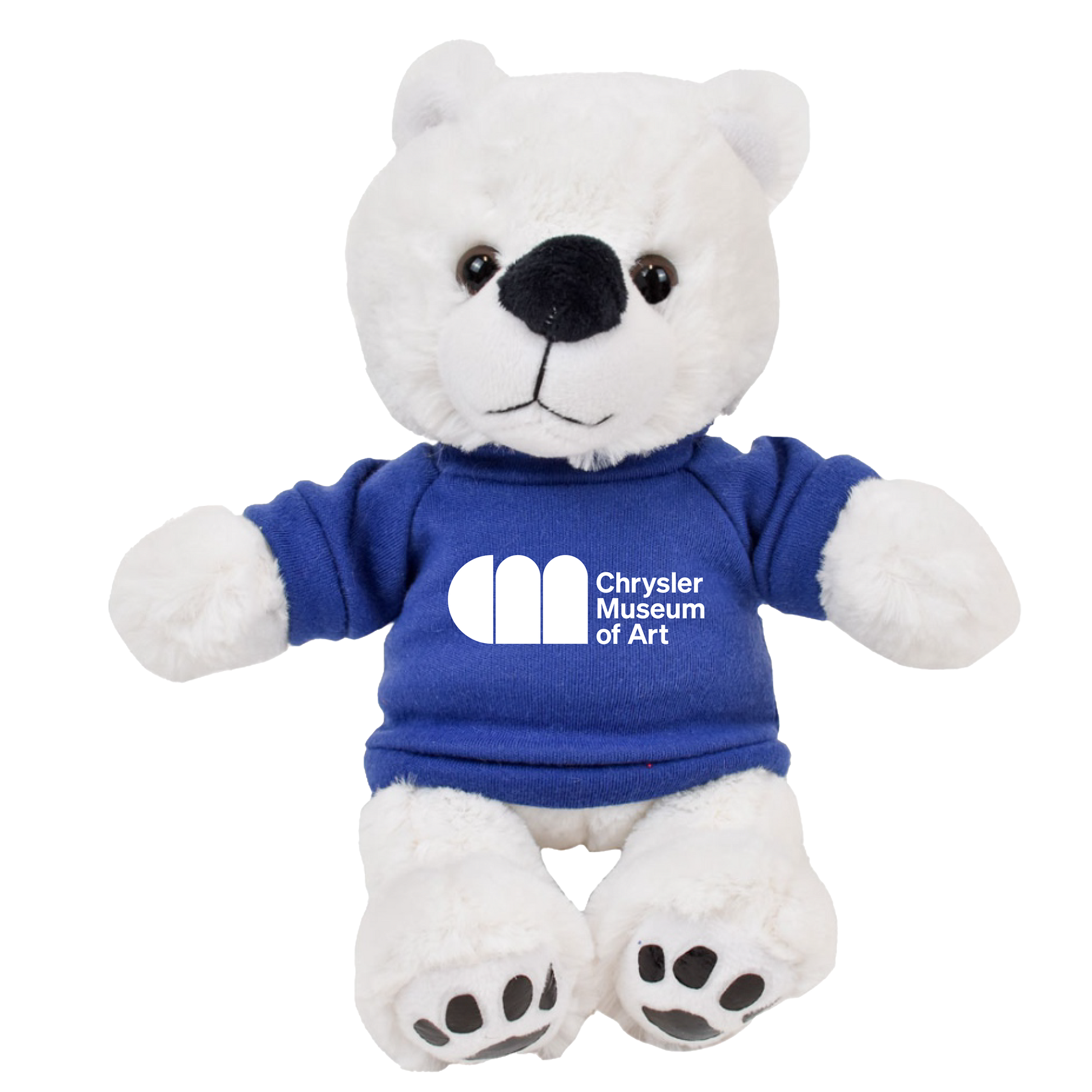 Justin, the white teddy bear wearing a blue Chrysler Museum T-shirt - Chrysler Shop