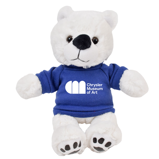 Justin, the white teddy bear wearing a blue Chrysler Museum T-shirt - Chrysler Shop