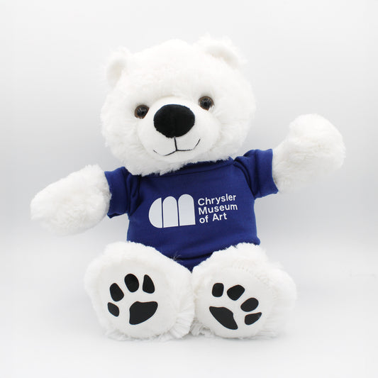 Justin, the white teddy bear wearing a blue Chrysler Museum T-shirt - Chrysler Shop