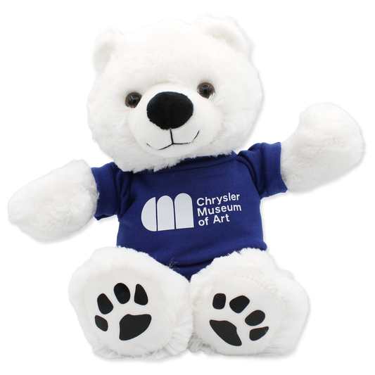 White teddy bear wearing a blue shirt with a logo on a white background