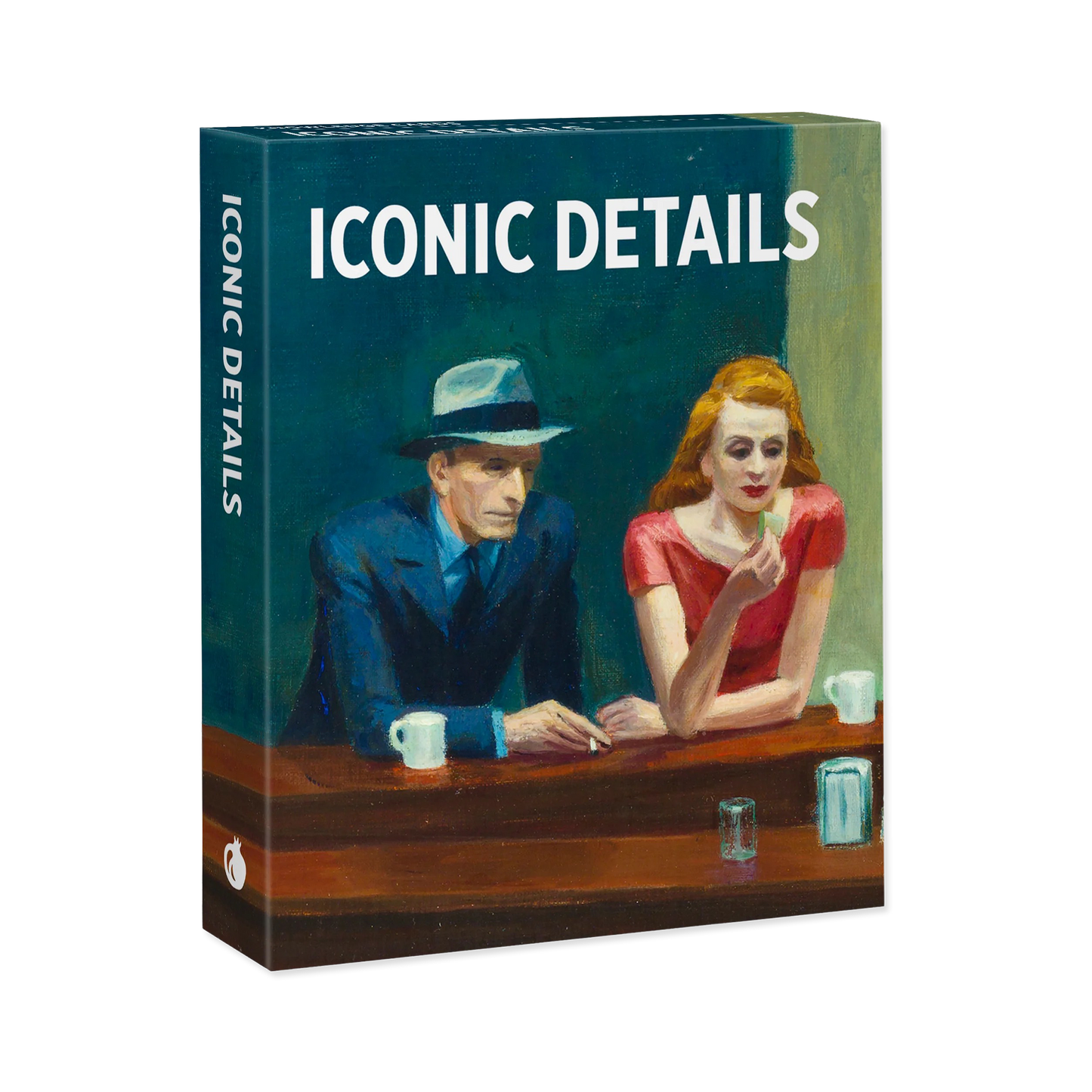 Product packaging for 'Iconic Details' with a painting of a man and woman at a table.