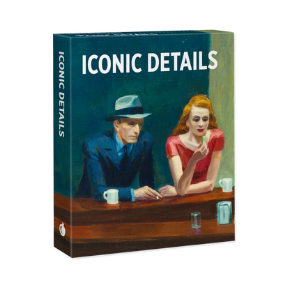Product packaging for 'Iconic Details' with a painting of a man and woman at a table.