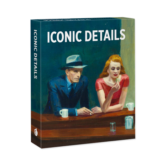 Product packaging for 'Iconic Details' with a painting of a man and woman at a table.