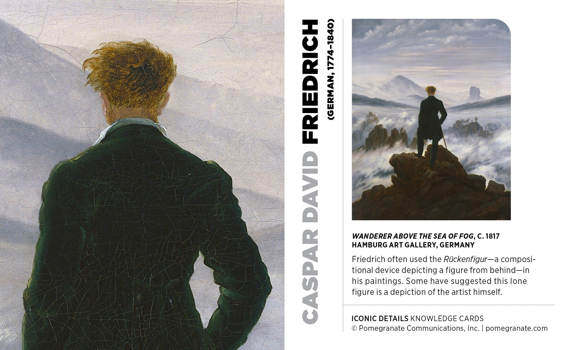 Knowledge card about Caspar David Friedrich's painting 'Wanderer above the Sea of Fog' with a person in a green coat looking out at a mountainous landscape.