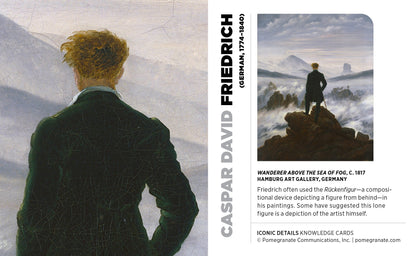 Knowledge card about Caspar David Friedrich's painting 'Wanderer above the Sea of Fog' with a person in a green coat looking out at a mountainous landscape.