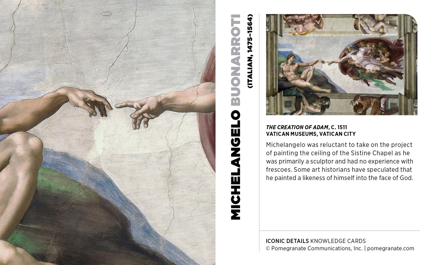 Mural of 'The Creation of Adam' by Michelangelo with text about the artist on the right.