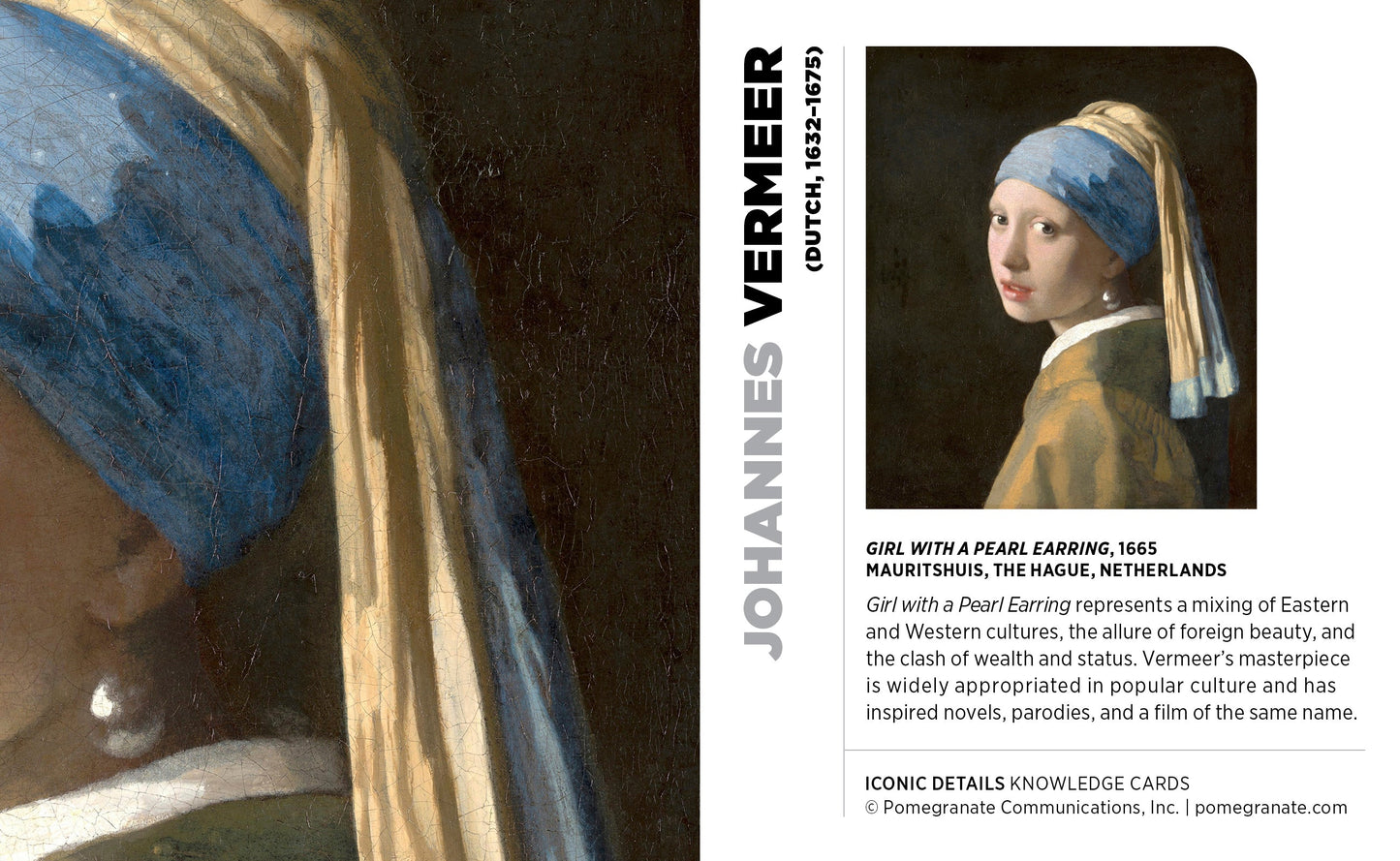 Poster of Johannes Vermeer's 'Girl with a Pearl Earring' with text and branding details.