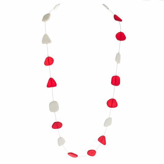 Long 'Alma' Necklace: Red and White Recycled Glass Beads
