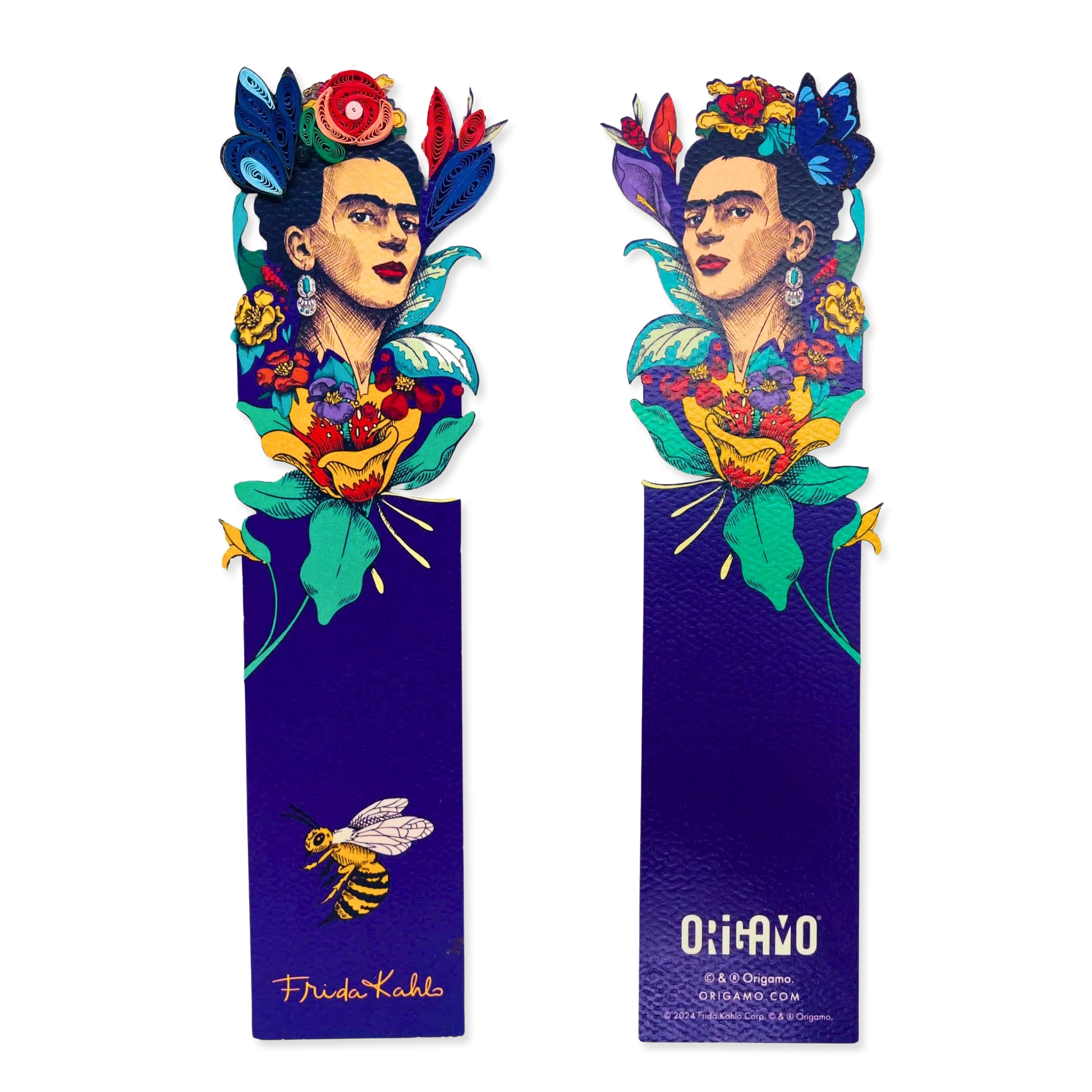 Colorful bookmarks with Frida Kahlo design on a white background
