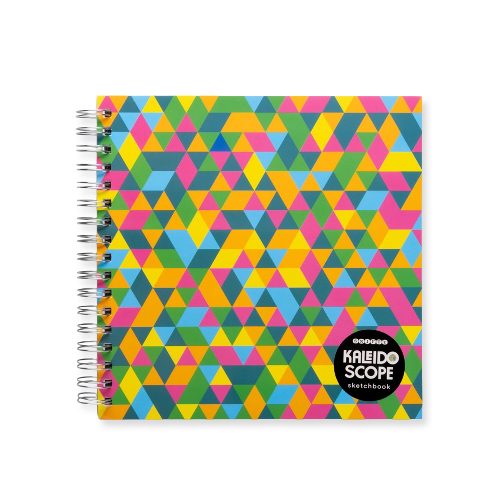 Colorful geometric patterned sketchbook with 'Kaleidoscope' branding on a white background