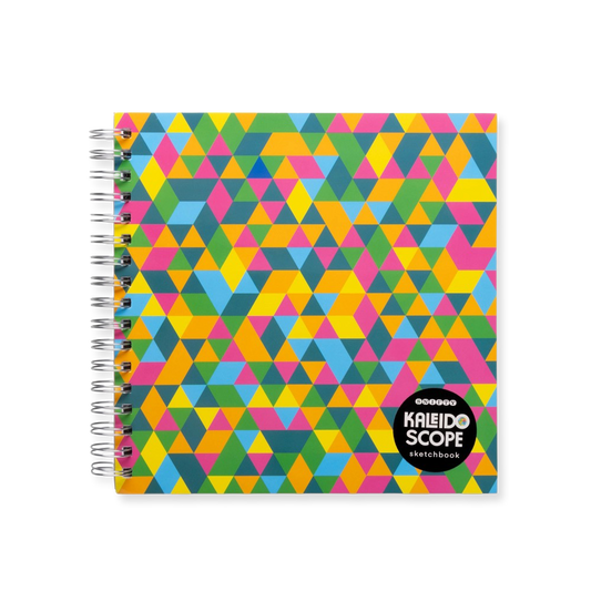 Colorful geometric patterned sketchbook with 'Kaleidoscope' branding on a white background