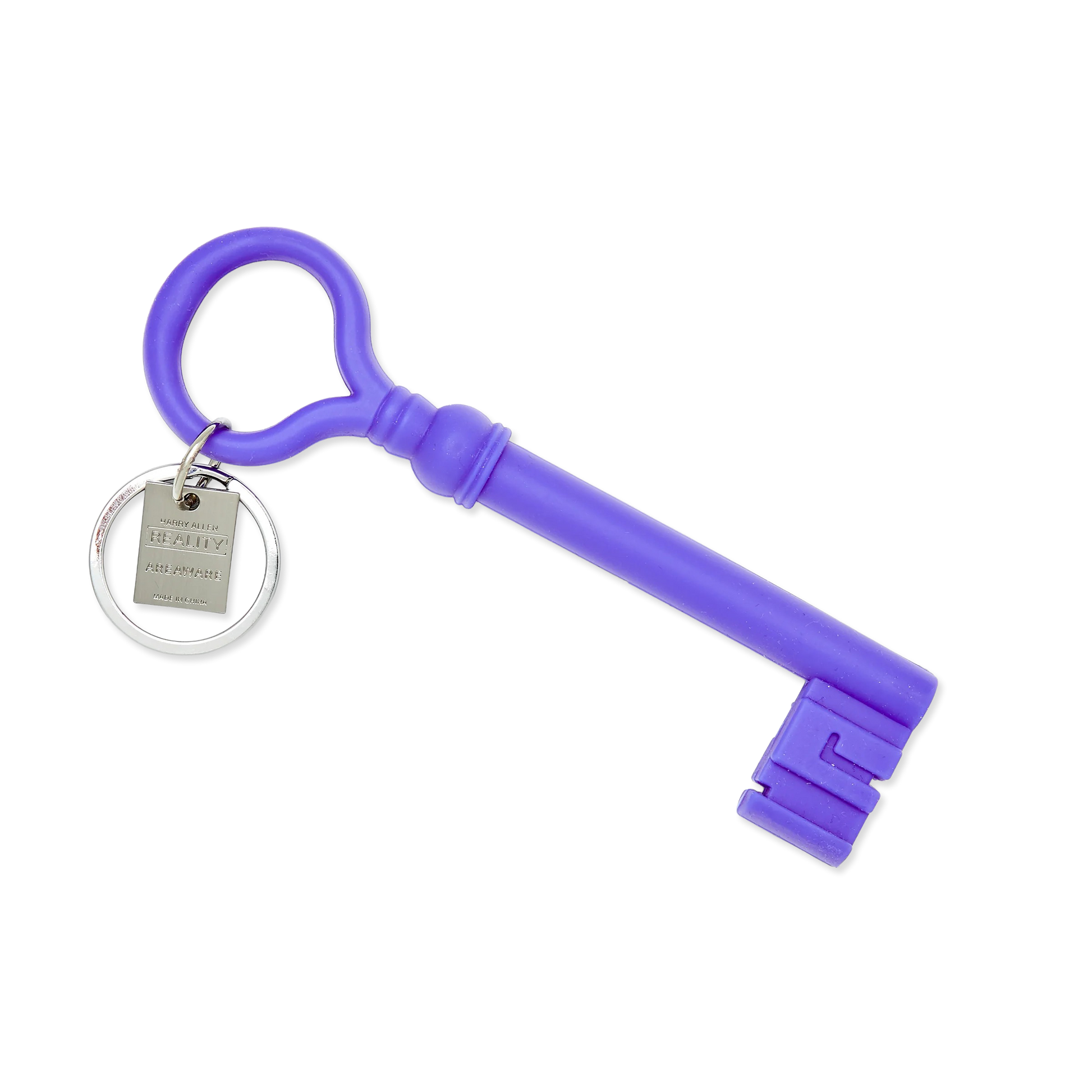 Purple key-shaped keychain on a white background