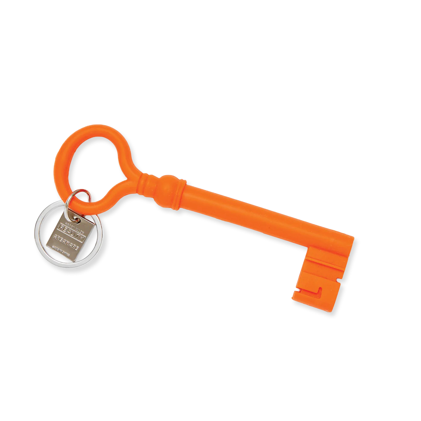 Orange key-shaped keychain with a silver tag on a white background