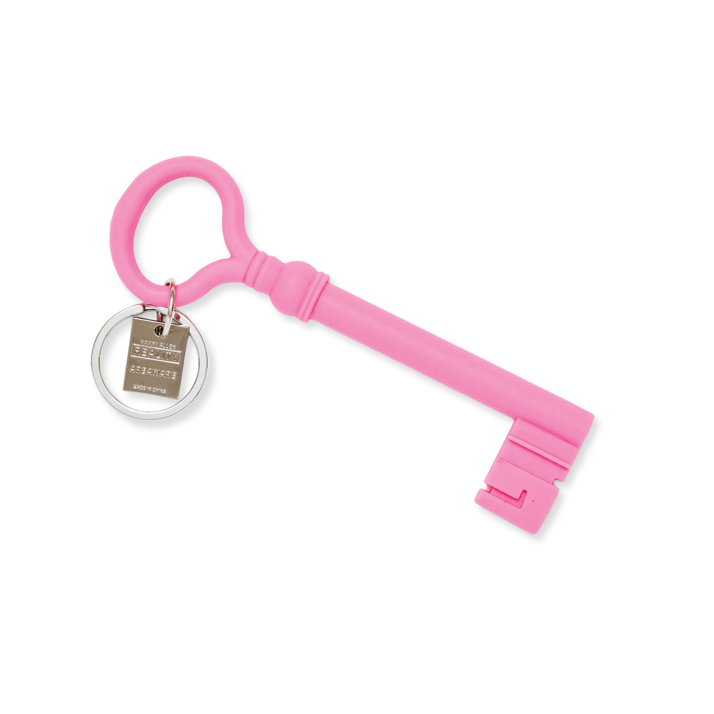 Pink key-shaped keychain with a tag on a white background