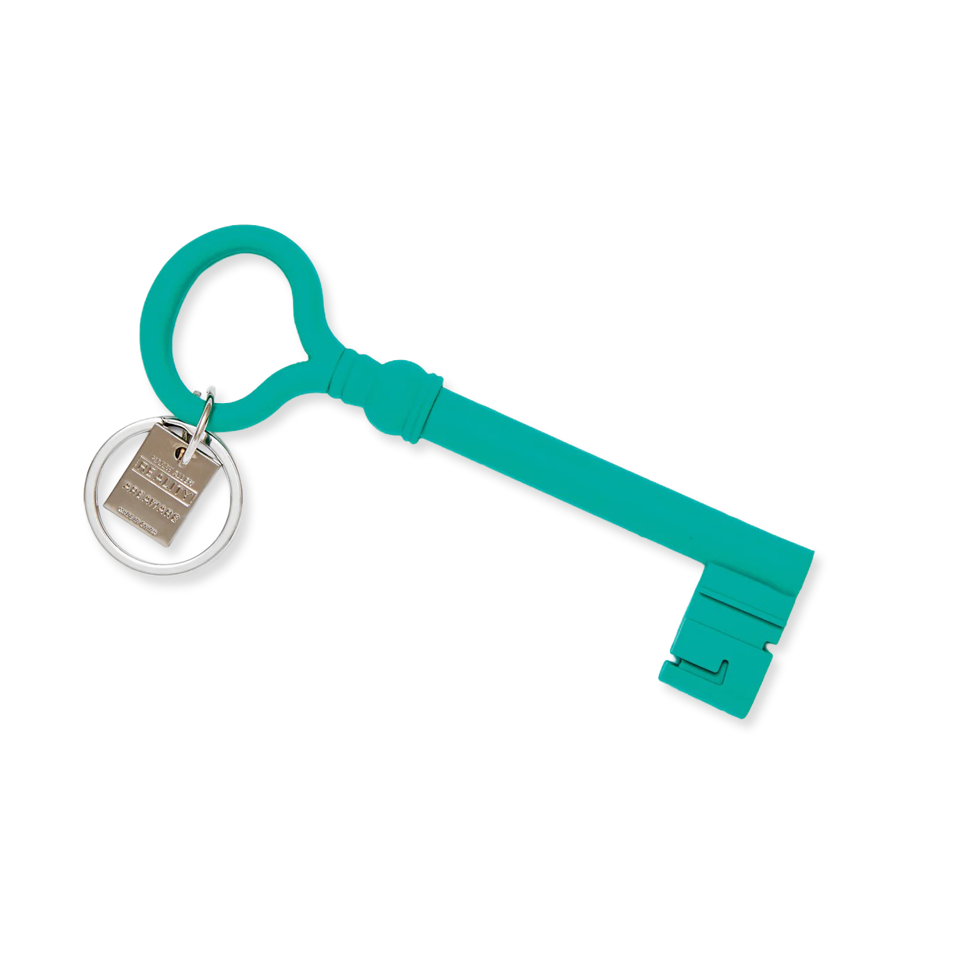 Turquoise key-shaped keychain with a silver ring and tag on a white background