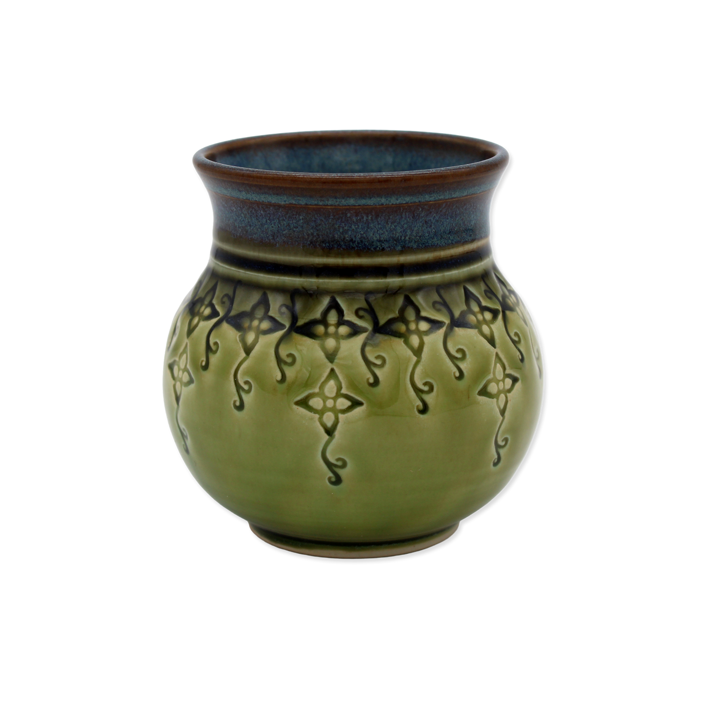 Green ceramic vase with decorative patterns on a white background