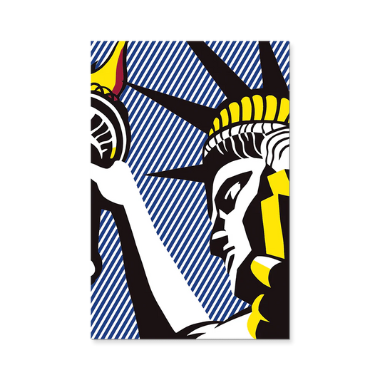 Pop art-style depiction of the Statue of Liberty with a blue and white striped background