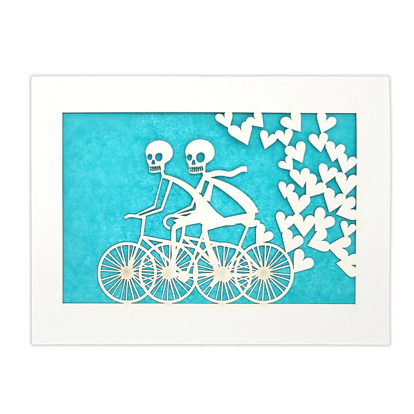 Papel Picado Greeting Card: Calaveras on a Bike - Aqua