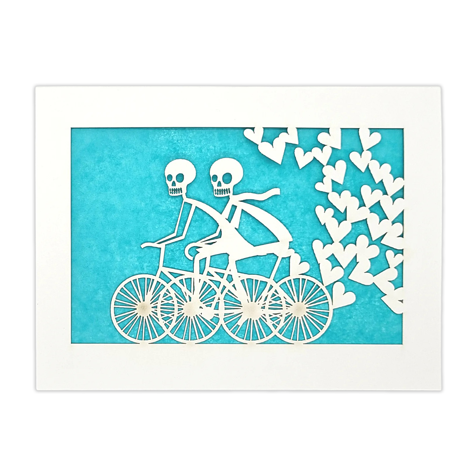 Papel Picado Greeting Card: Calaveras on a Bike - Aqua