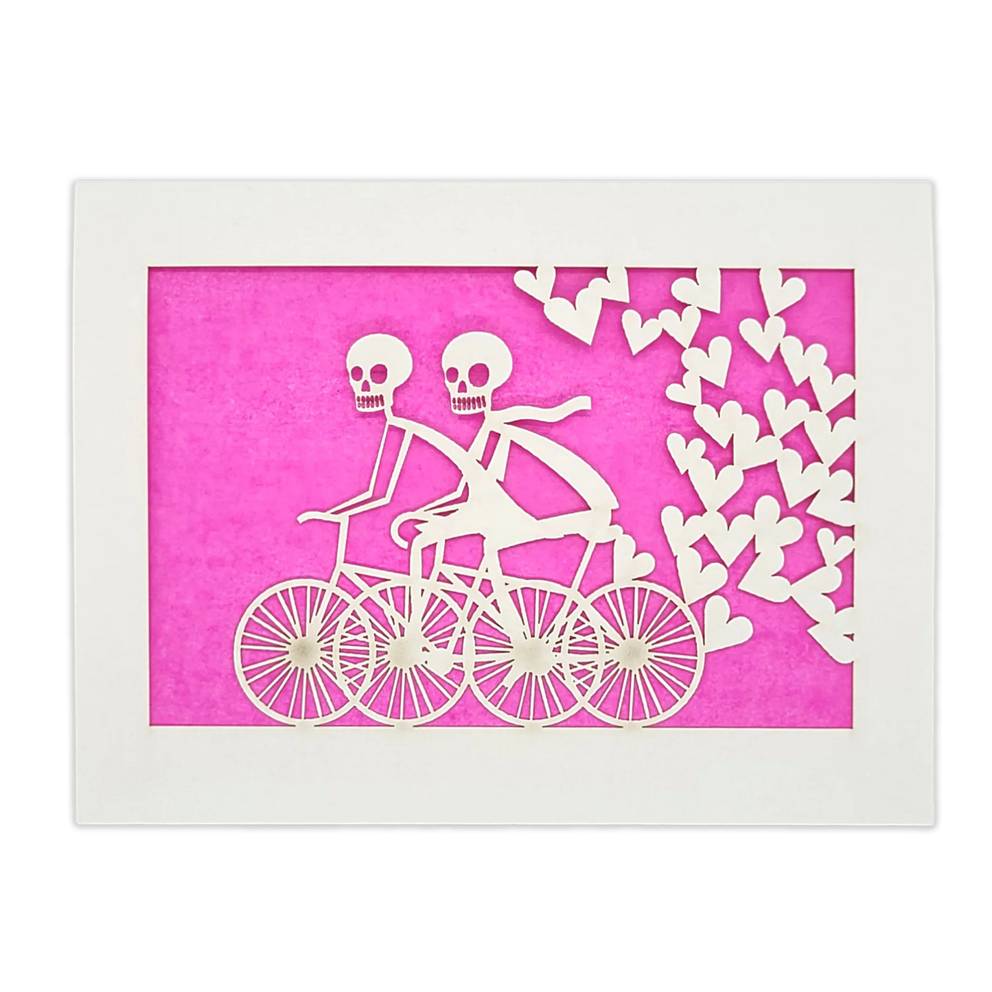 Papel Picado Greeting Card: Calaveras on a Bike - Fuchsia